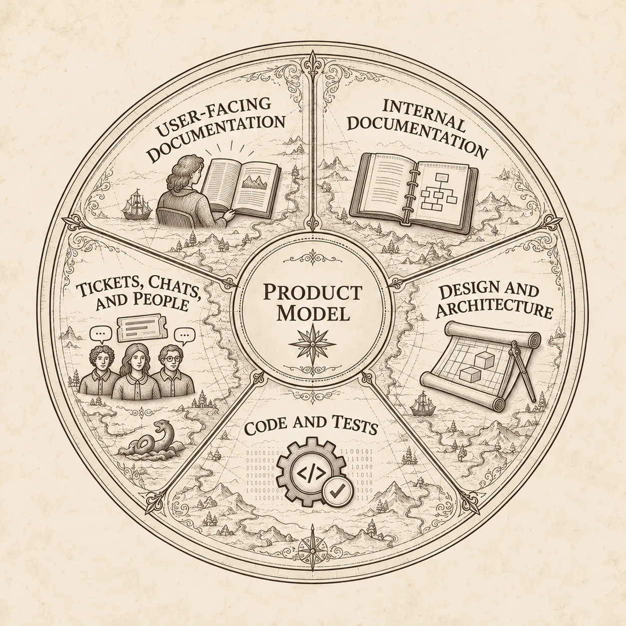 An engraved wheel with the product model at its center, connecting user-facing documentation, internal documentation, design and architecture, code and tests, and tickets, chats, and people.